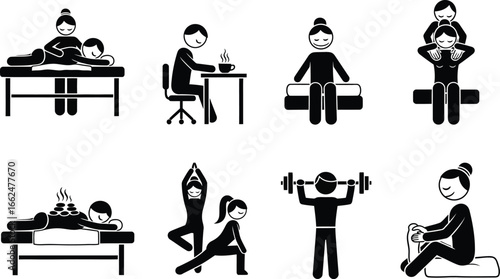 Diverse stick figure activities showcasing wellness and fitness routines for a healthy lifestyle