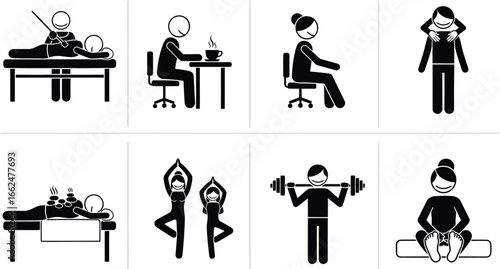 Diverse stick figure illustrations depict various health and wellness activities including massage desk work yoga and weightlifting