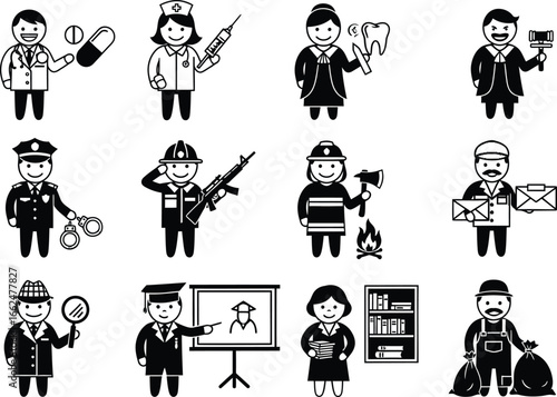 Diverse group of professionals illustrated in a grid representing various occupations and services