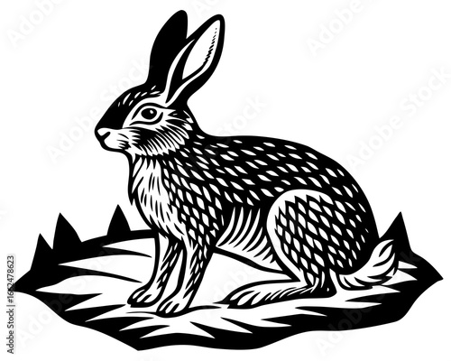Black and white linocut illustration of a rabbit sitting in grass