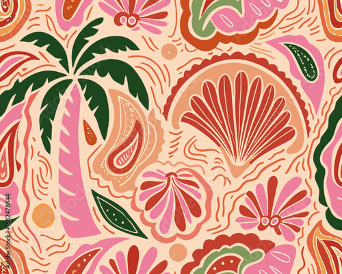 Vibrant tropical floral and paisley seamless pattern in warm retro colors