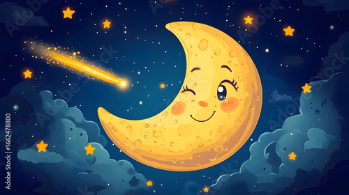Cute cartoon moon in night sky illustration