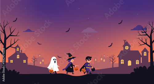 Kids trick or treating in Halloween costumes fun