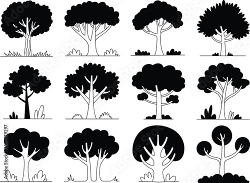 Stylized tree silhouette vector set with diverse foliage shapes, artistic canopy designs, and outlined trunks for nature, landscape, and botanical illustration use
