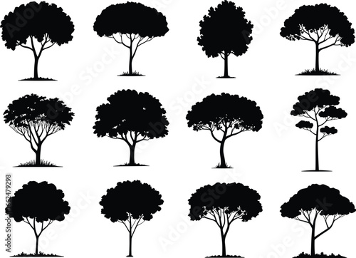 Black tree silhouette vector set with diverse canopy shapes and trunk styles, isolated on white background for nature, landscape, and botanical design