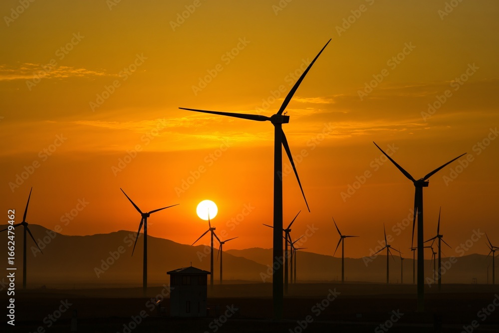 Obraz premium Wind turbines at sunset over mountains, renewable energy, wind power farm, clean electricity, sustainability.