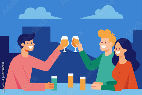 Friends Clinking Glasses at Rooftop Dinner Artwork