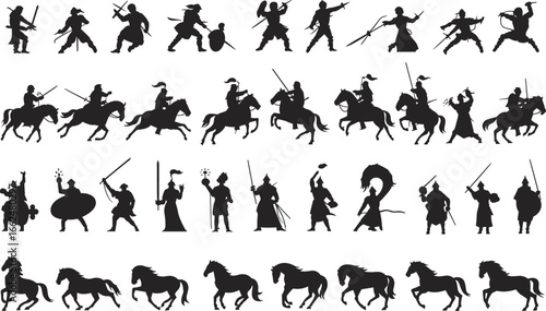 Medieval fantasy silhouette set, warriors, knights, wizards, horses in action poses, vector icons for battle, mythology, storytelling, game design elements