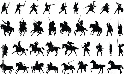 Medieval warrior silhouette set, knight and soldier vector icons, historical combat poses with swords, spears, shields, horses, battle action design elements