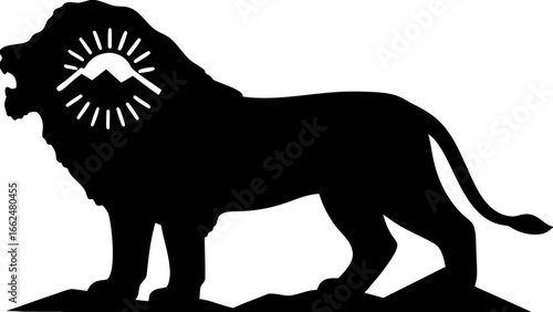 Silhouette of a roaring lion with a mountain and sun design on its head standing on a rocky surface