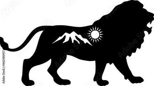 Silhouette of a roaring lion with mountain range and sun inside its body in black and white design