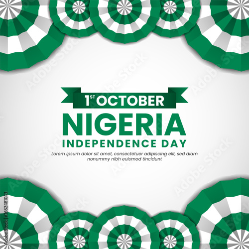 Nigeria independence day greeting card, square banner background with warving ribbon flag