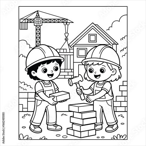 Kids Building House Construction Coloring Page