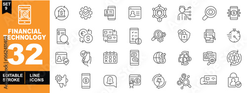 Financial Technology line icon set. Vector pictograms of QRcode, recycle, gear, phone, profile, network, worker, search, exchange, card, stopwatch, hand, calendar, chat, globe, money. Editable stroke