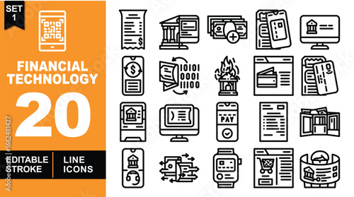 Financial Technology line icon set. Vector pictograms of QRcode, receipt, bank, money, mobilepay, monitor, transfer, digital, loss, statement, creditcard, support, flow, smartwatch. Editable stroke