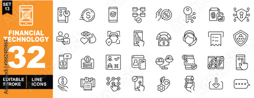 Financial Technology line icon set. Vector pictograms of QRcode, phone, coin, checkmark, blockchain, percentage, key, fingerprint, security, handshake, eye, shield, support, ATM, chat. Editable stroke