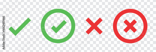 Green check marks and red crosses on a transparent background. Symbols for correct and incorrect. Check marks and crosses for decisions and evaluations. Vector element set.