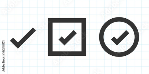 Three check marks: a check, a square check, and a circle check, all in black on a grid background. Simple check mark icons for design use. Vector element set.