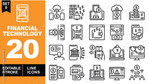 Financial Technology line icon set. Vector pictograms of QRcode, cloud, binary, document, coins, network, webpage, growth, receipt, chat, piggybank, laptop, user, monitor, transfer. Editable stroke