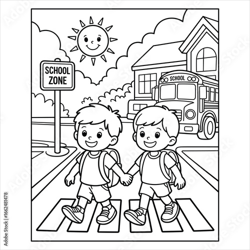 Kids Crossing Street to School Bus Zone Coloring Page