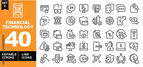Financial Technology line icon set. Vector pictograms of QRcode, creditcard, banknote, phone, monitor, ATM, chat, wallet, bank, chart, shield, globe, gear, growth, transfer, document. Editable stroke