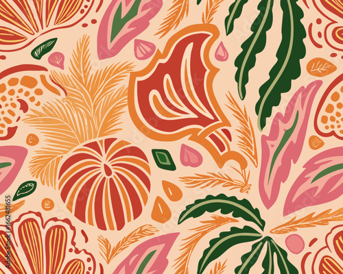 Vibrant abstract tropical leaves and floral pattern in warm colors