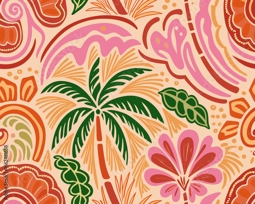 Vibrant tropical floral and palm tree pattern with abstract shapes