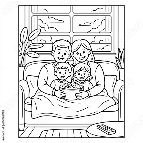 Family Movie Night Coloring Page Parents and Kids with Popcorn Illustration