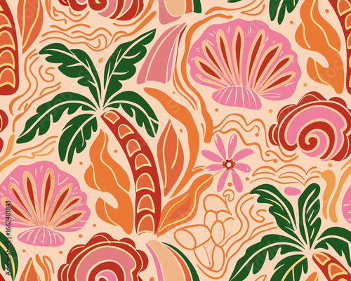 Vibrant tropical seamless pattern with shells and palm leaves