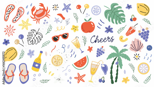 Summer vacation and celebration elements with tropical fruits and drinks