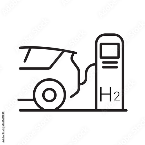 Hydrogen car at refuelling station. Suitable for ecofriendly and sustainable transportation concept designs, green technology, and alternative energy content.