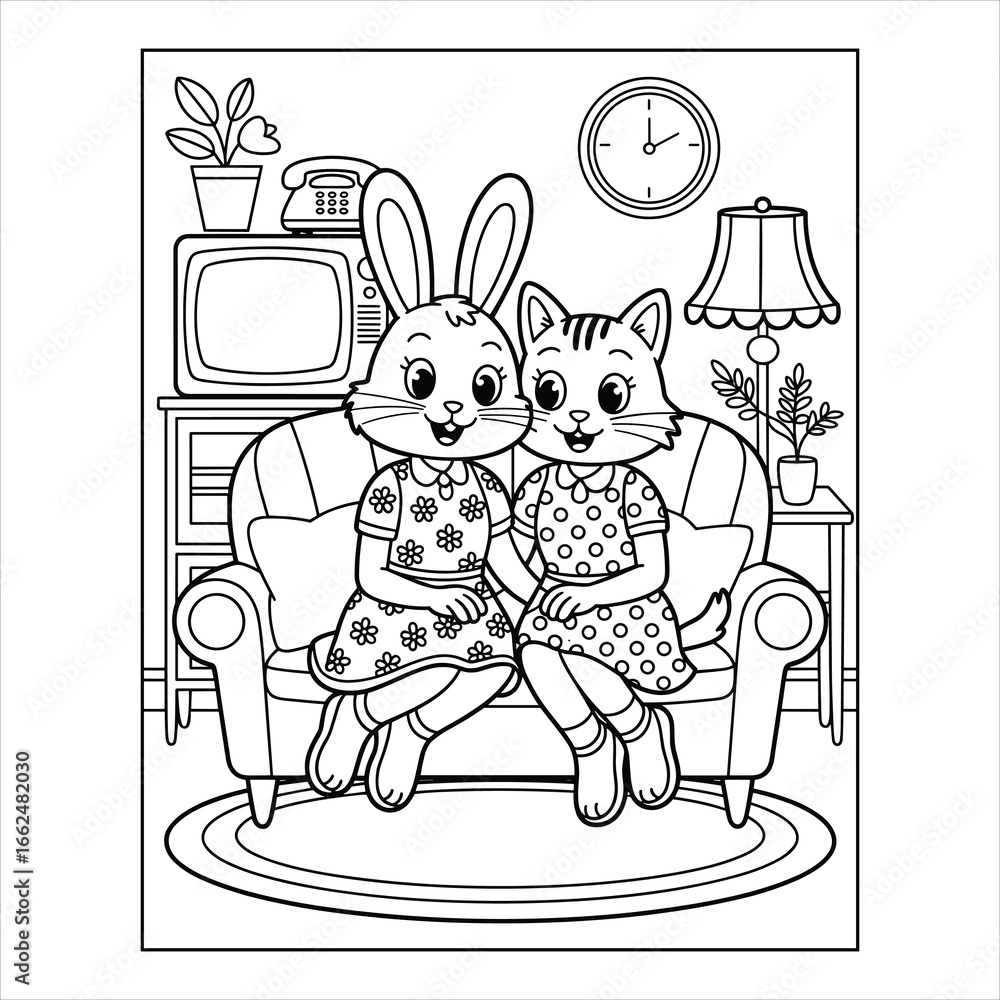 Fototapeta premium Cute Animals Coloring Page. Rabbit and Cat Sitting on Sofa in Living Room Illustration