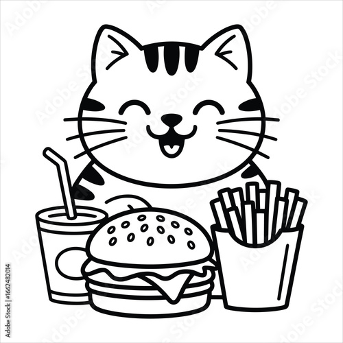 Cute Cat Coloring Page. Funny Kitten with Burger, Fries and Soda Vector