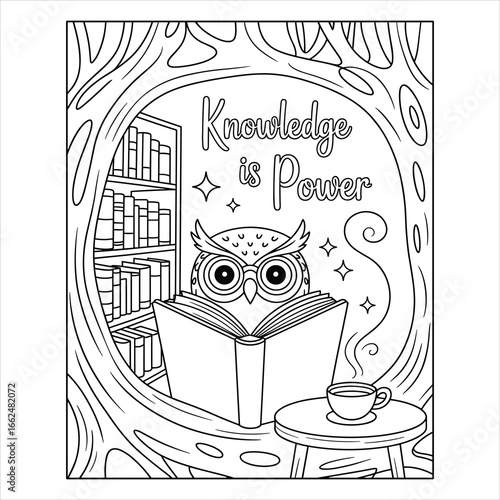 Owl Reading Coloring Page. Knowledge is Power Quote with Books Illustration