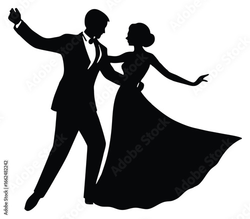 Elegant dancing couple in silhouette vector illustration for design concepts