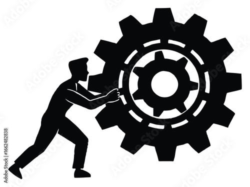 Man pushing gear for mechanical efficiency and teamwork concept with copy space