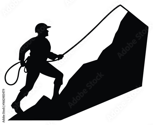 Silhouette of a determined rock climber ascending a steep mountain face