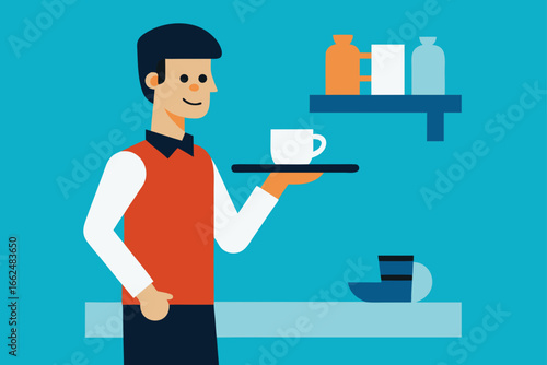 Waiter Serving Coffee at Modern Cafe Illustration