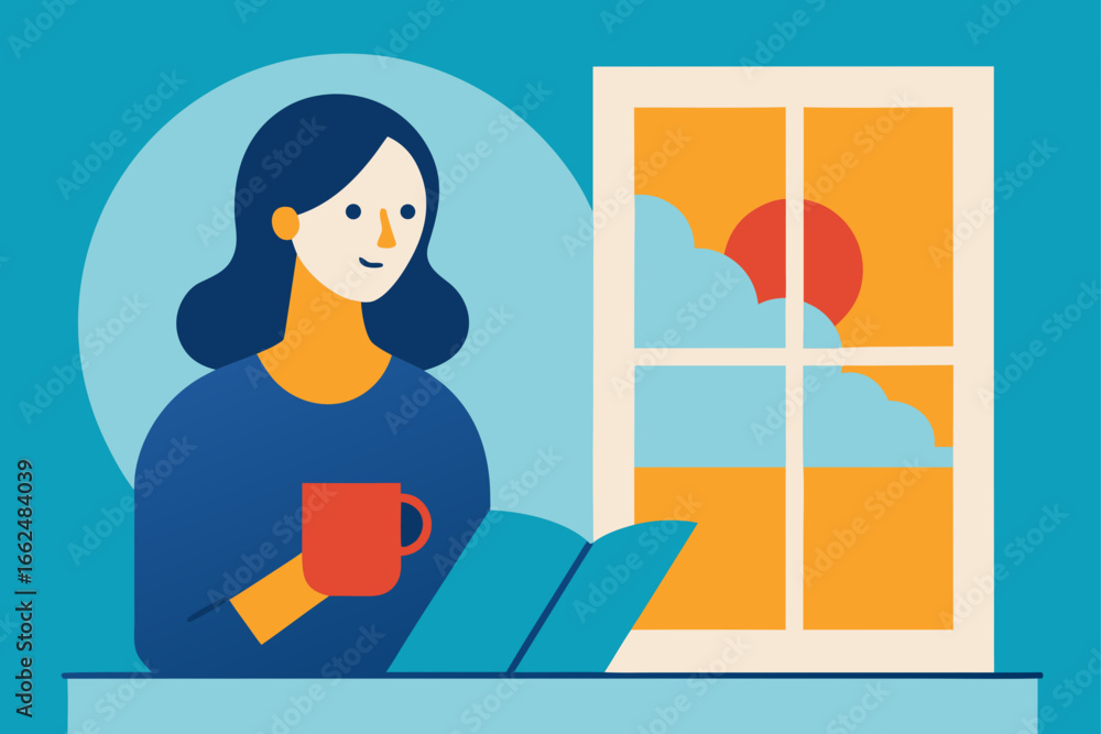 Fototapeta premium Young Woman Reading Book by Sunny Window with Coffee