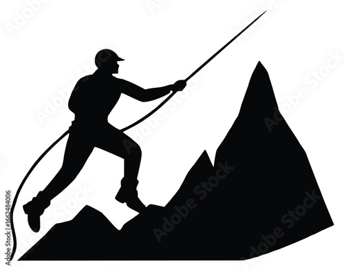 Silhouette of a mountain climber scaling a mountain peak with rope