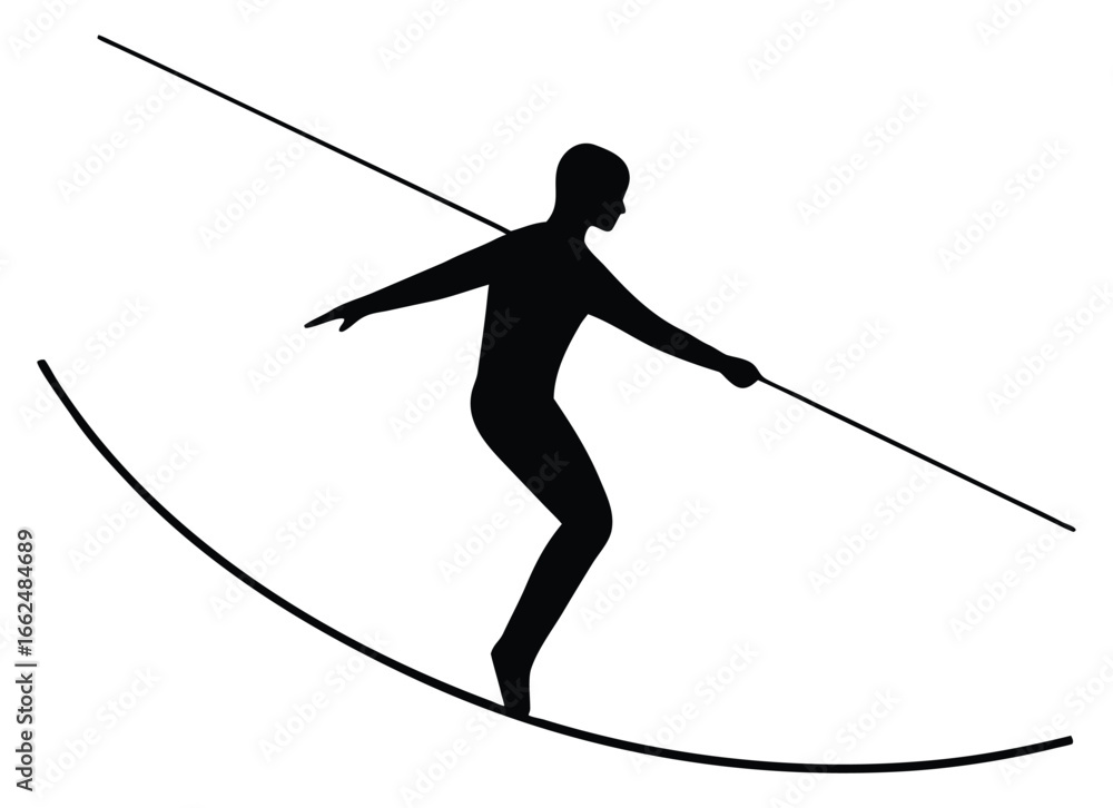 Fototapeta premium Silhouette of a tightrope walker balancing on a rope with balancing pole