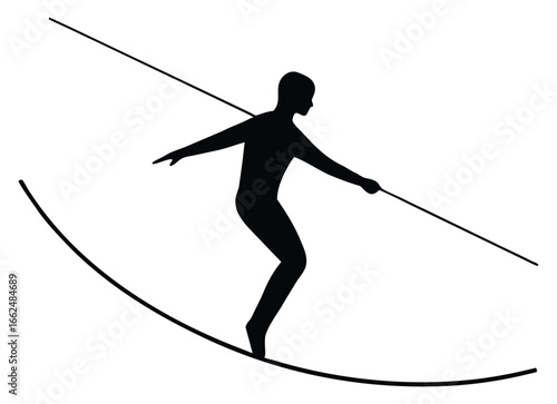 Silhouette of a tightrope walker balancing on a rope with balancing pole
