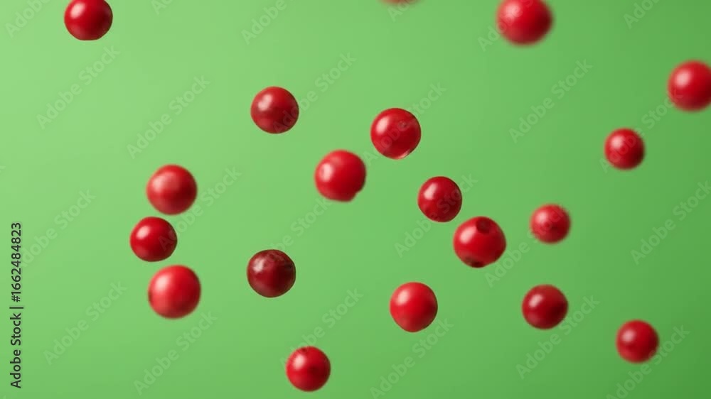 Close-Up of Red Peppercorns Falling Against Bright Green Background Close-Up of Red Peppercorns Falling Against Bright Green Background