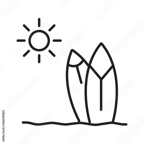Surfboards on sandy shore beneath bright sun. Ideal for beach themed designs, travel brochures, and summer vacation advertisements. Revive coastal vibes.