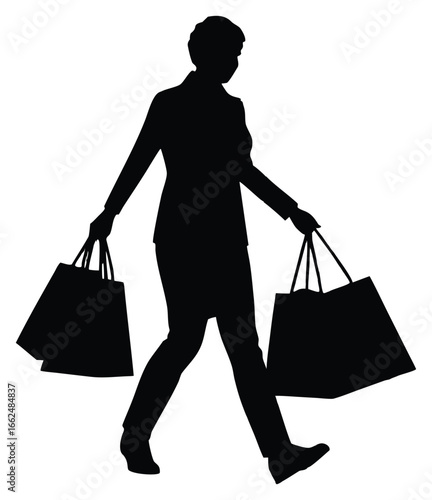 Silhouette of a woman walking with shopping bags isolated on white background