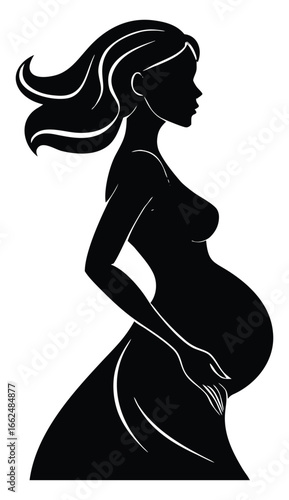 Silhouette of beautiful pregnant woman with flowing hair in elegant dress