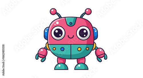 A cute and friendly cartoon robot character in pink and teal, smiling with big eyes and antennae.
