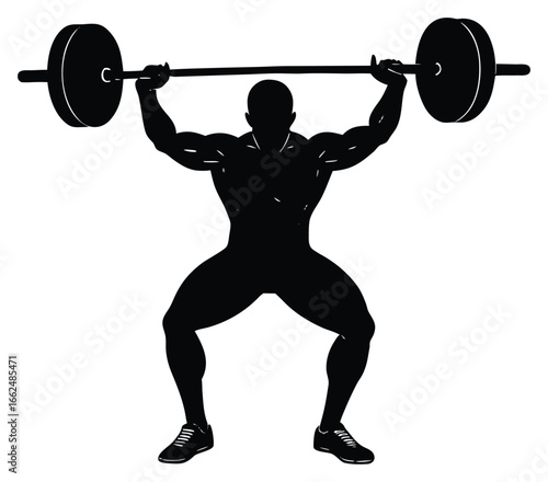 Silhouette of muscular man lifting barbell overhead strong gym fitness exercise