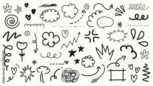Doodle set with swirls, arrows, and clouds. Playful doodles, including stars and hearts. Doodle elements for creative designs and artistic projects. Black hand drawn elements, vector set.