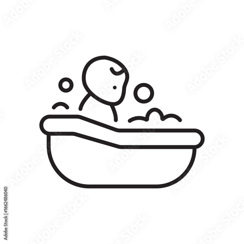 Baby joyfully plays in a tub as seen in a minimalist line drawing ideal for baby products, posters, or nursery decor.